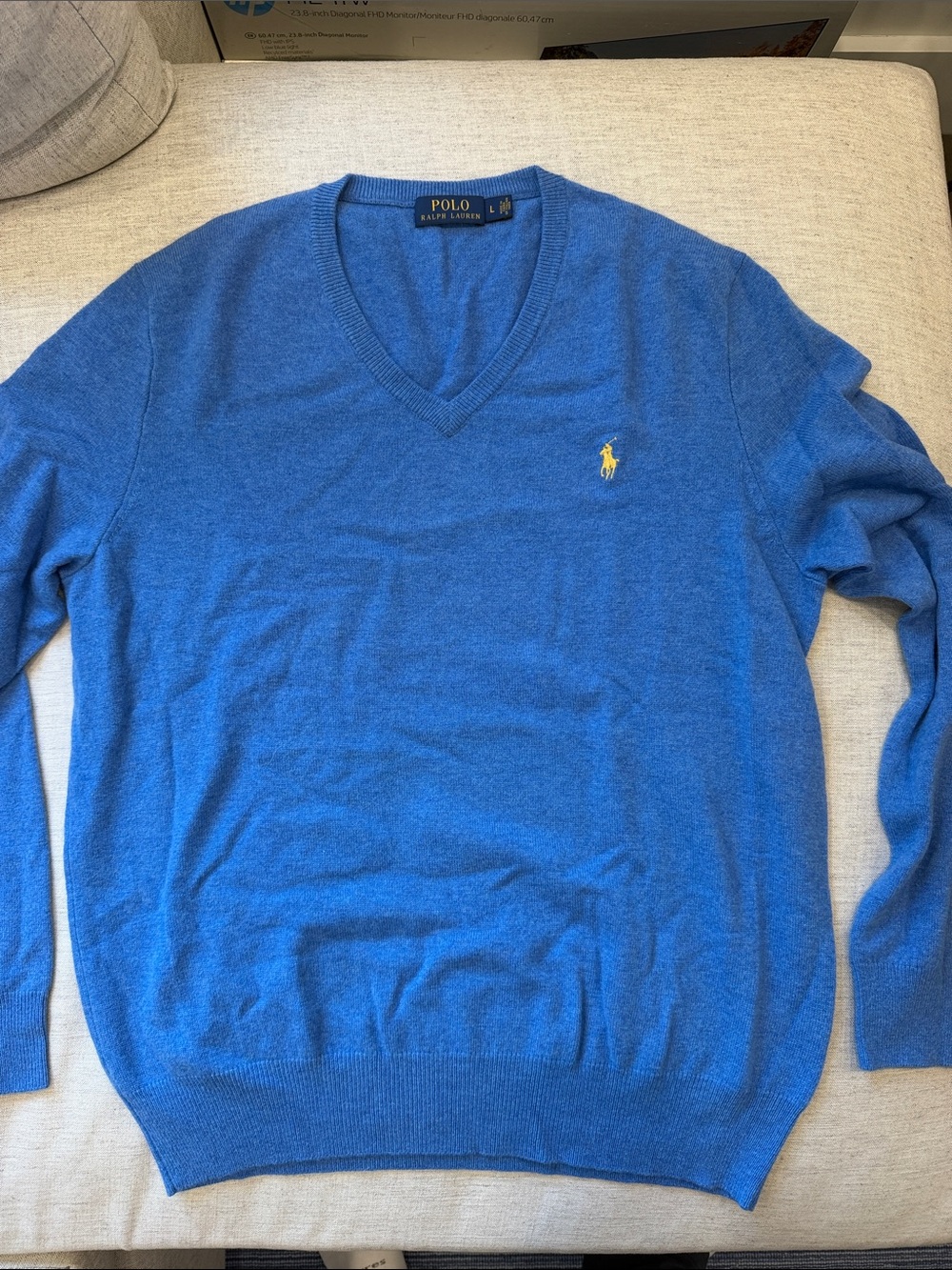 Polo by Ralph Lauren Blue V-Neck Sweater with Yellow Logo